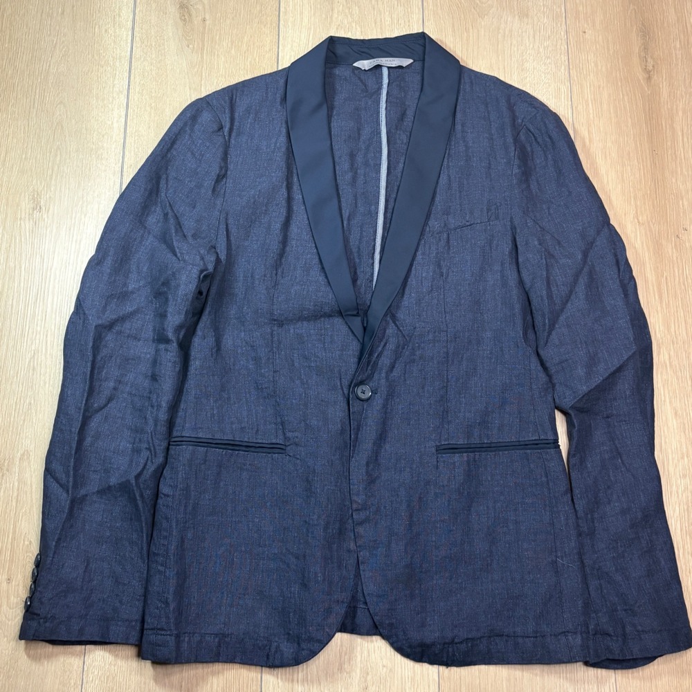 Zara Man Navy Blue Linen Blazer Shawl Lapel Slim Fit Jacket Size 38 US 48 EUR